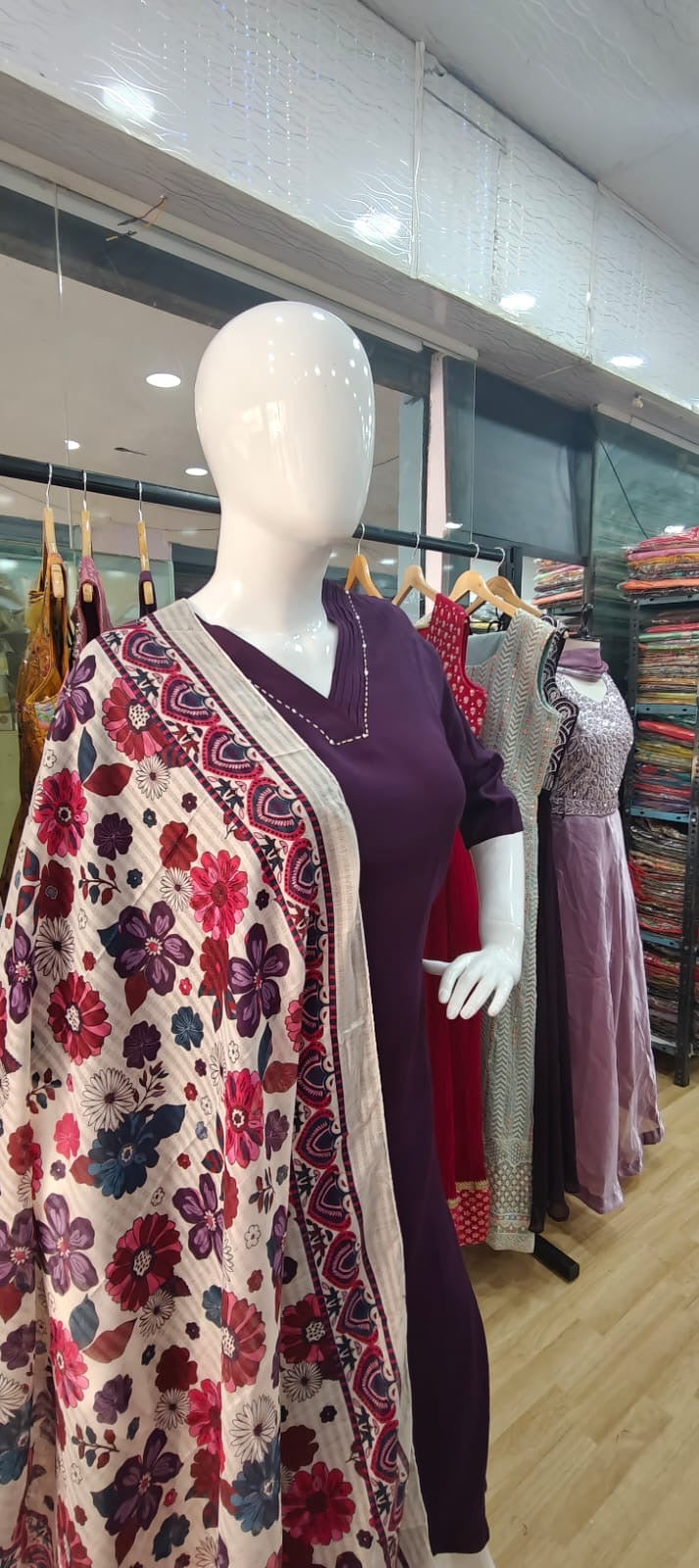 Wine mul cotton suit with printed dupatta