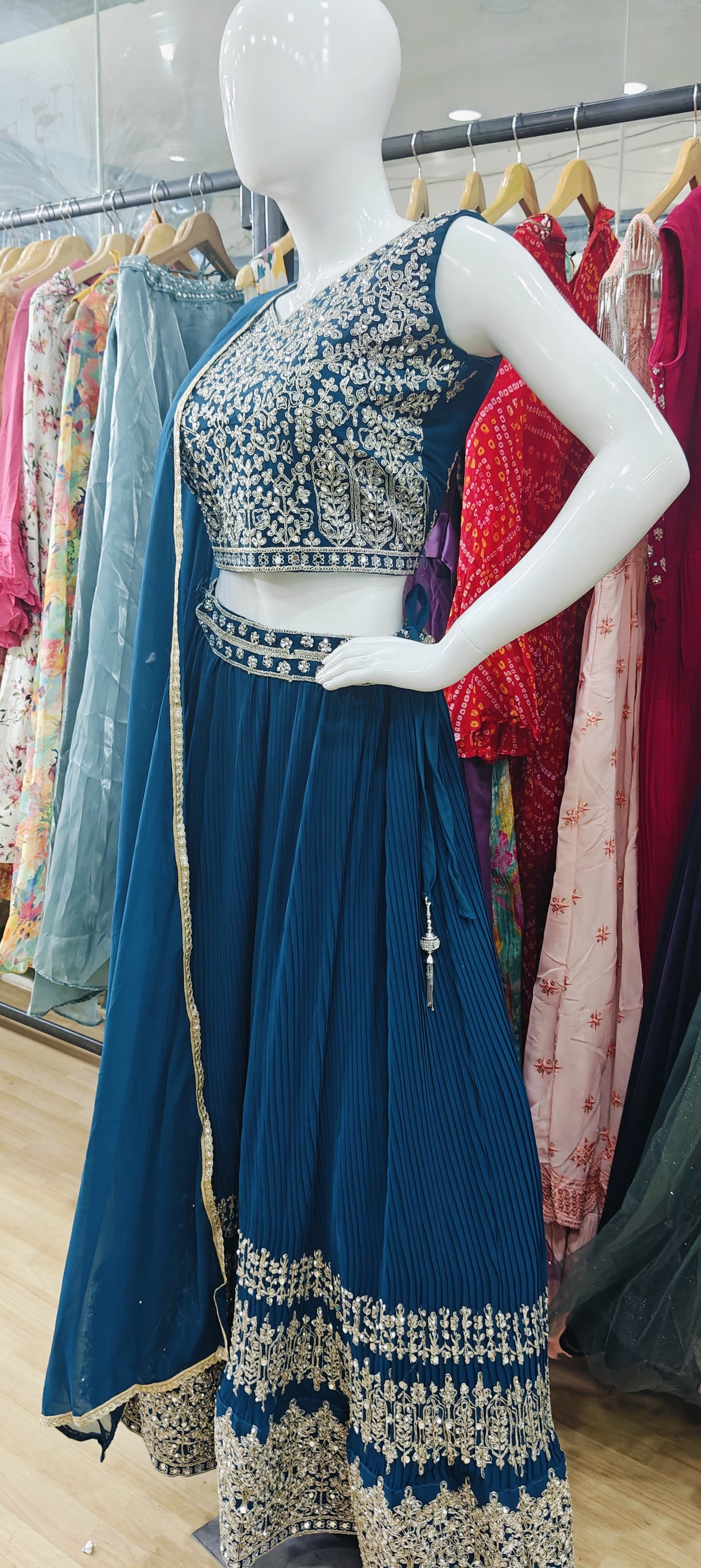 Georgette blue pleated lehenga set