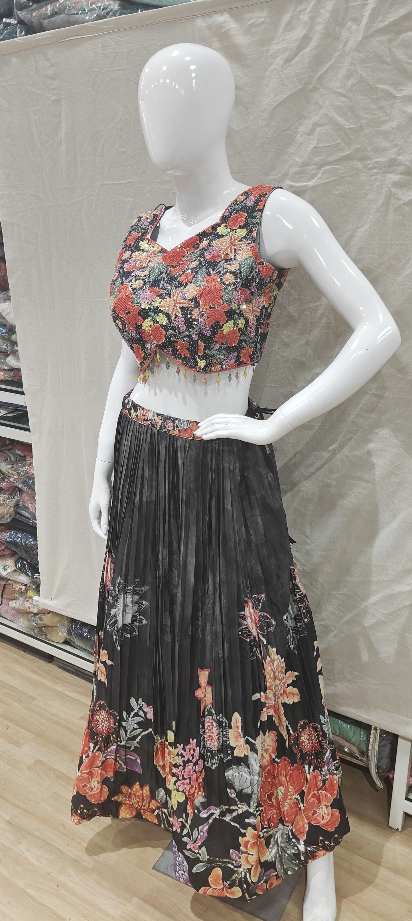 Black floral lehenga with floral blouse and dupatta