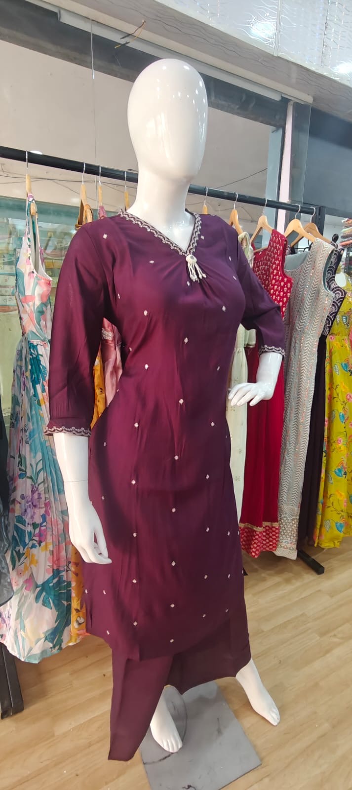 Plum Anarkali suit with stunning floral print dupatta