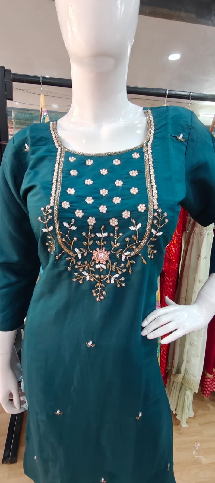 Blue green suit with Banarasi dupatta