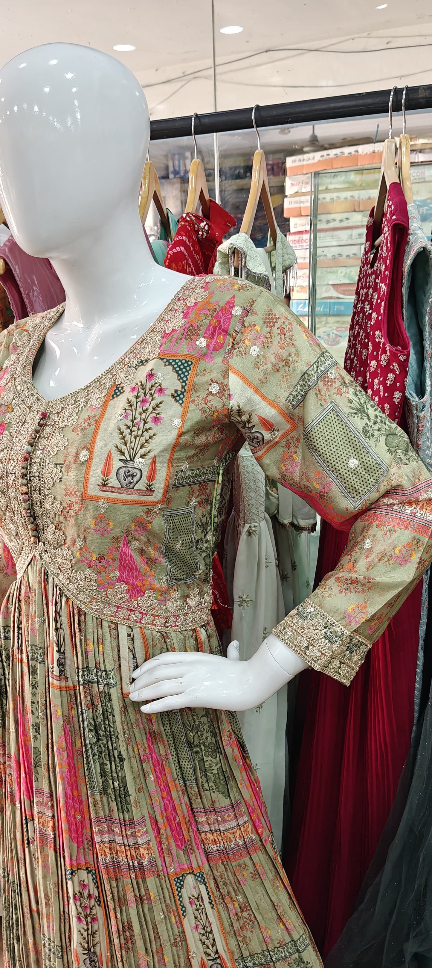 Printed alia cut long dress