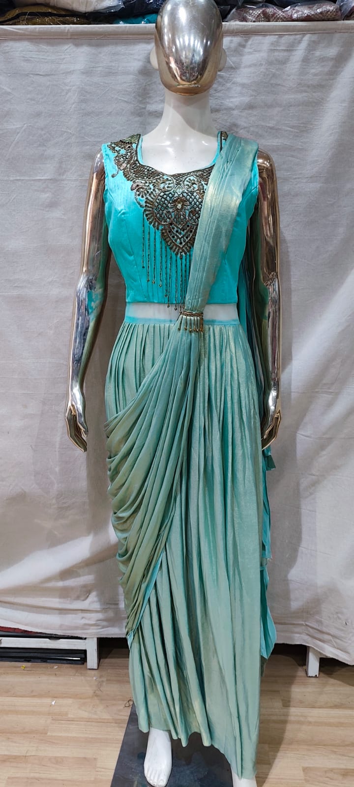 Designer Cyan blue saree gown