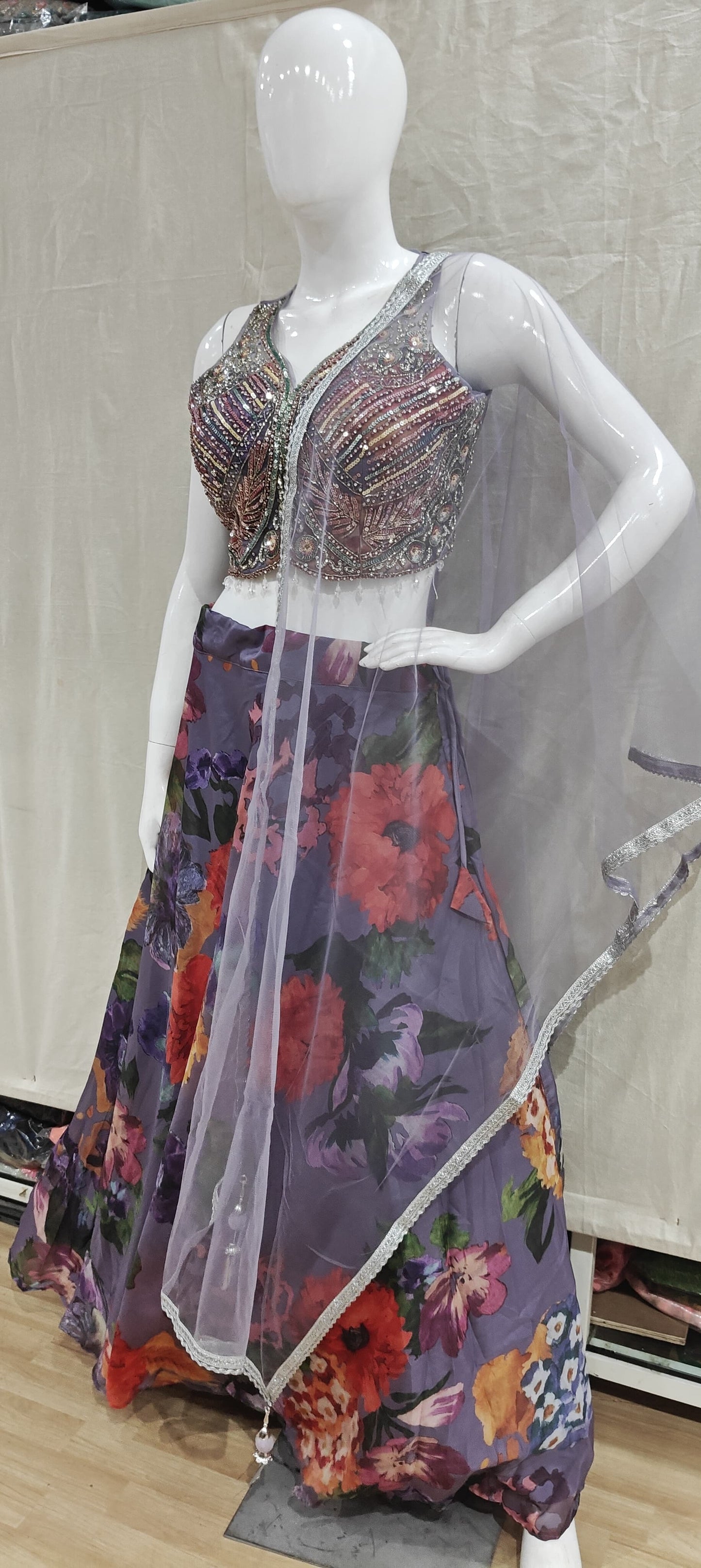 Purple floral lehenga with h