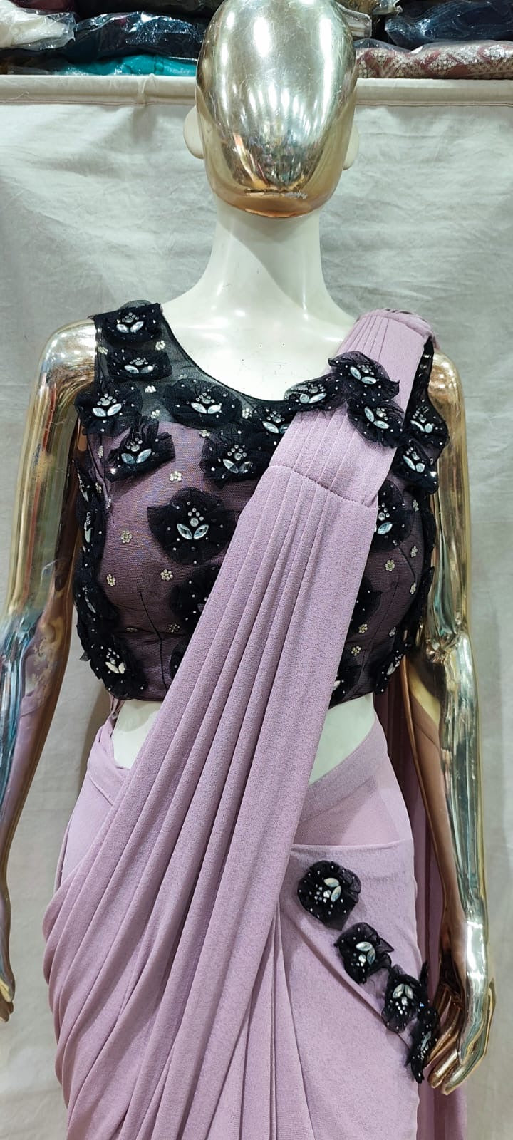 Pink with floral black blouse one min saree