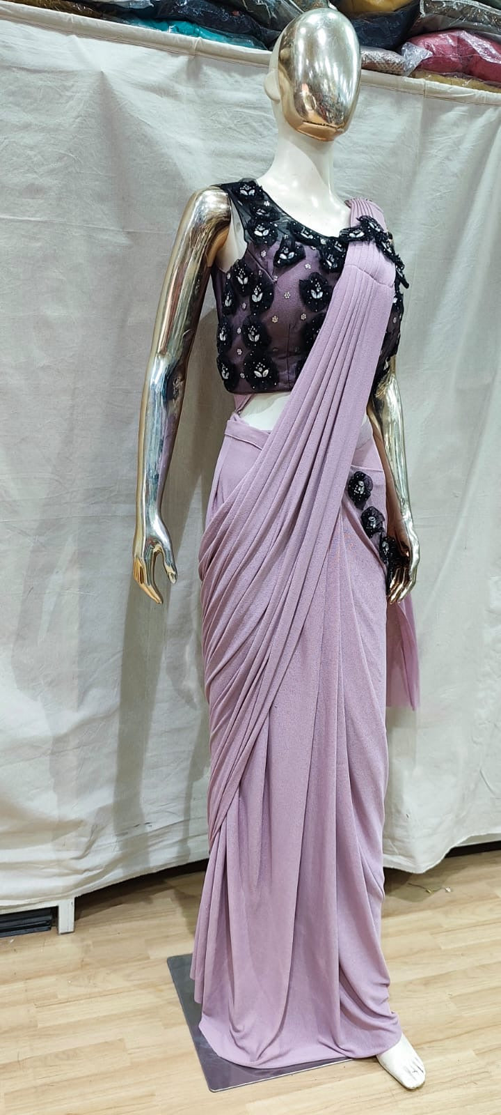Pink with floral black blouse one min saree