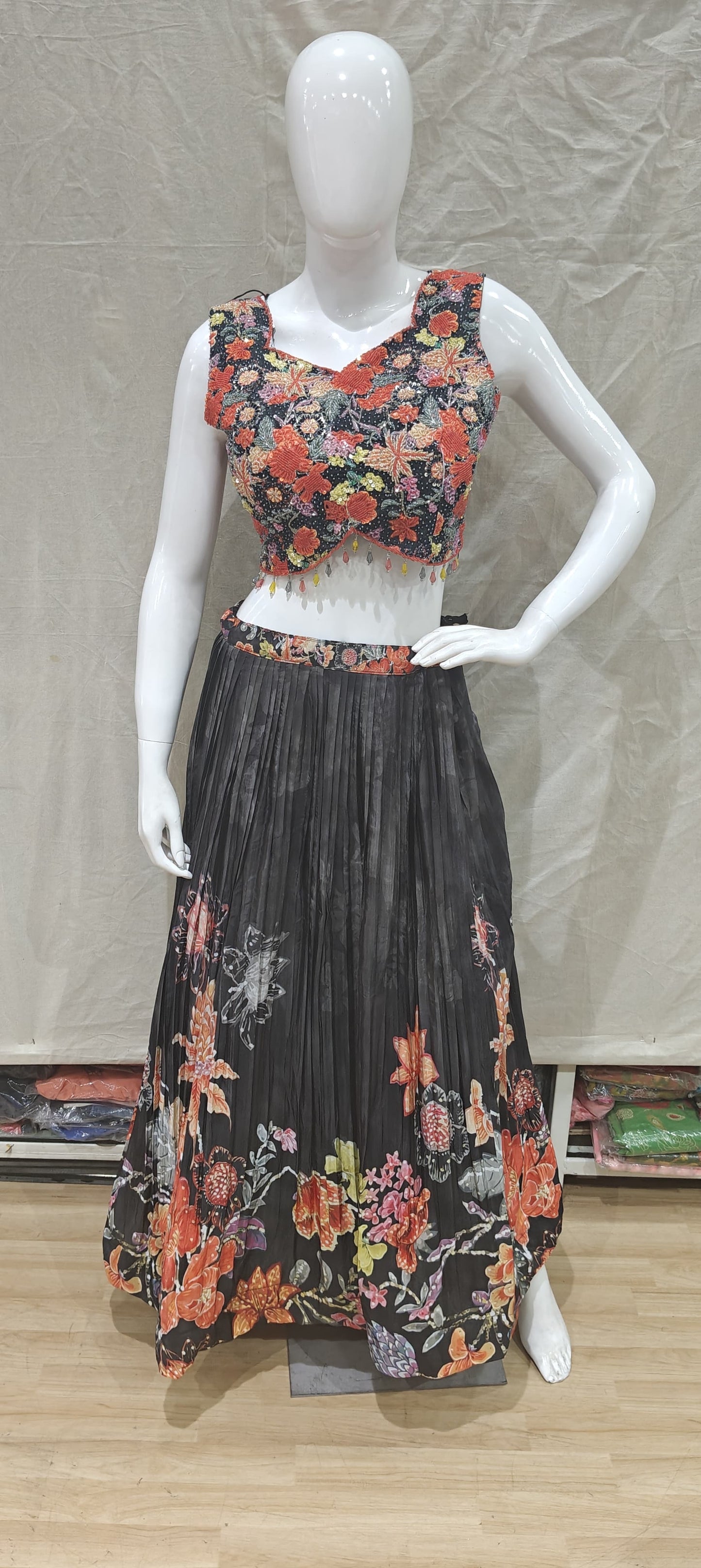 Black floral lehenga with floral blouse and dupatta