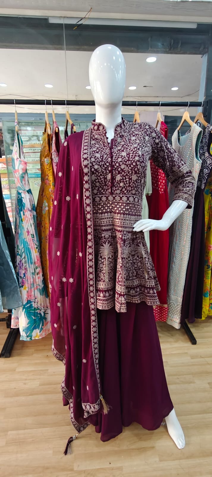 Maroon embroidered peplum set