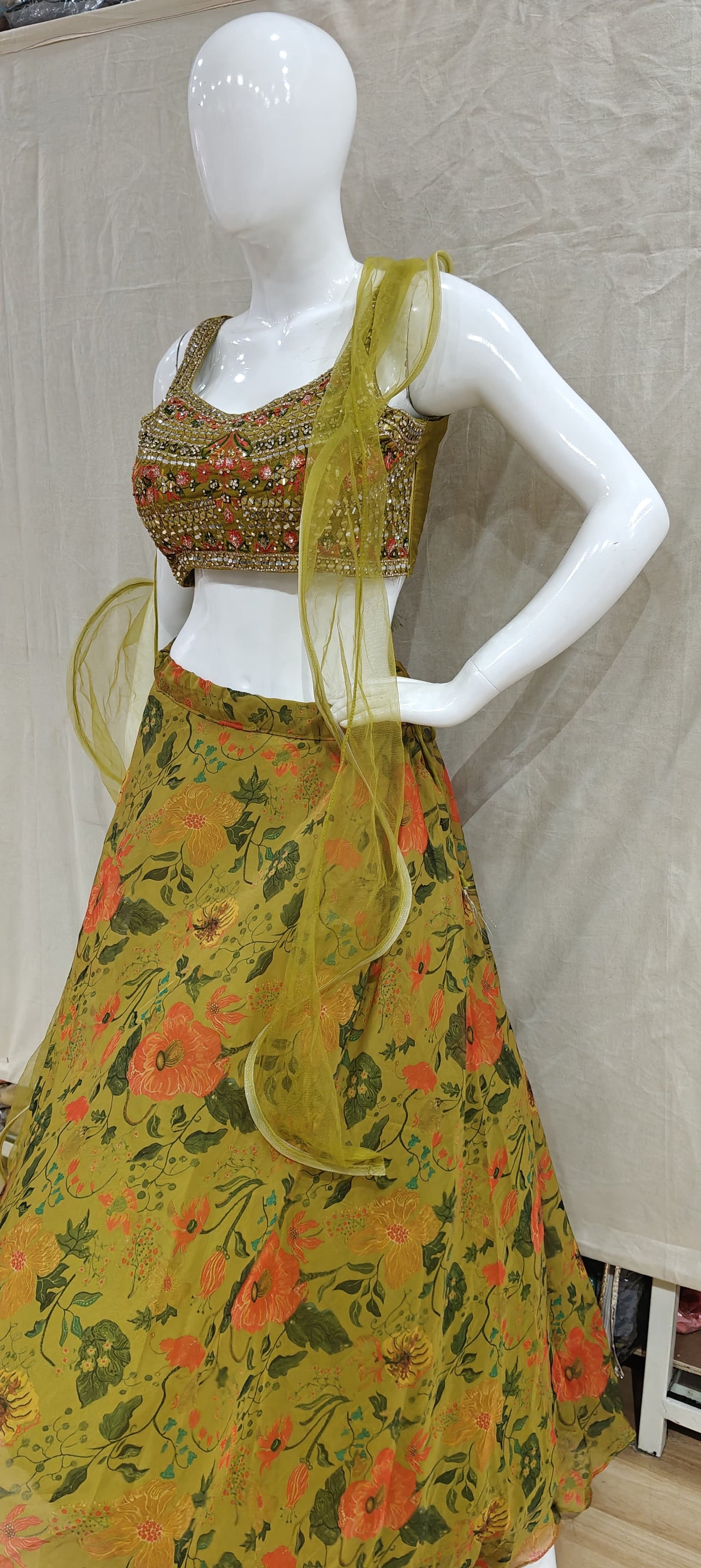 Mustard yellow floral lehenga set