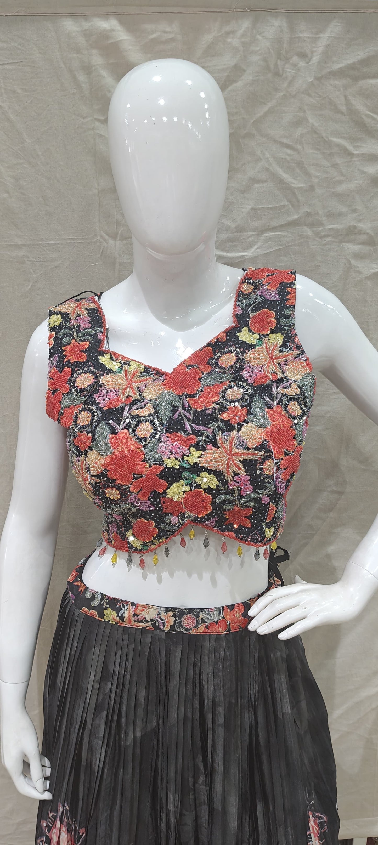 Black floral lehenga with floral blouse and dupatta