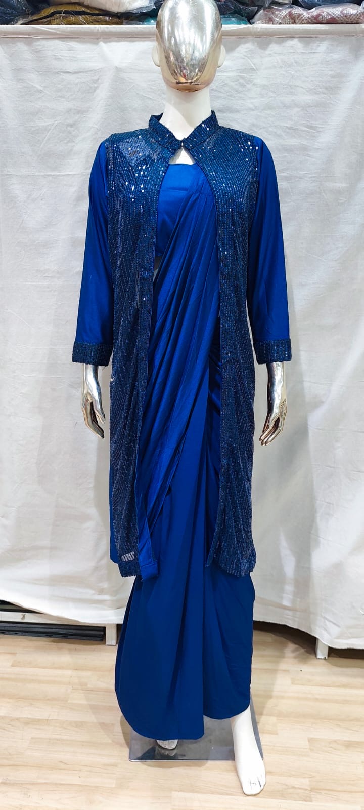Blue sequins one min saree