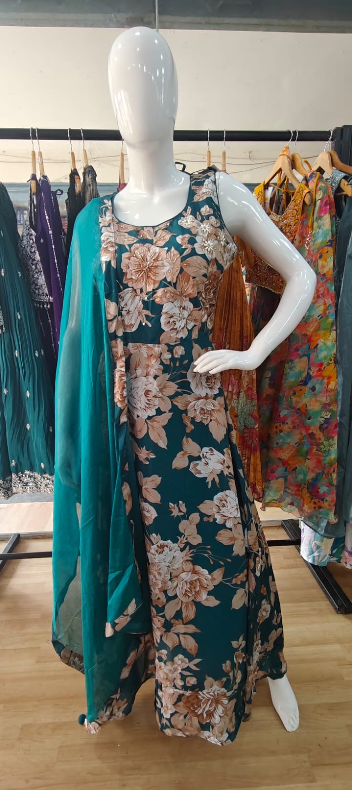 Floral turquoise color gown