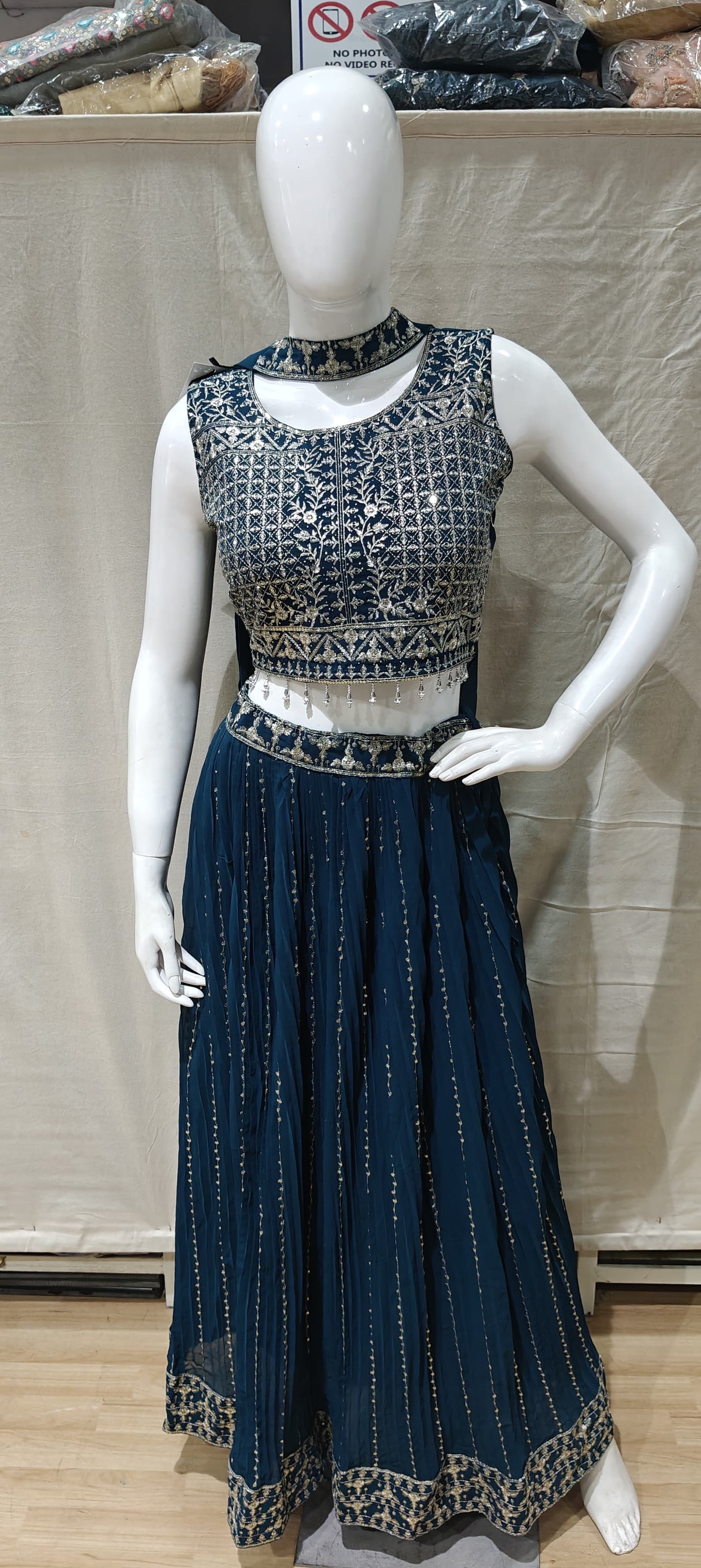 Silver zari work on Blue lehenga