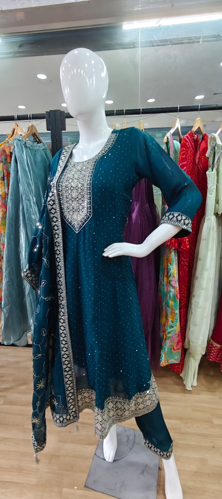 Peacock blue suit with georgette dupatta