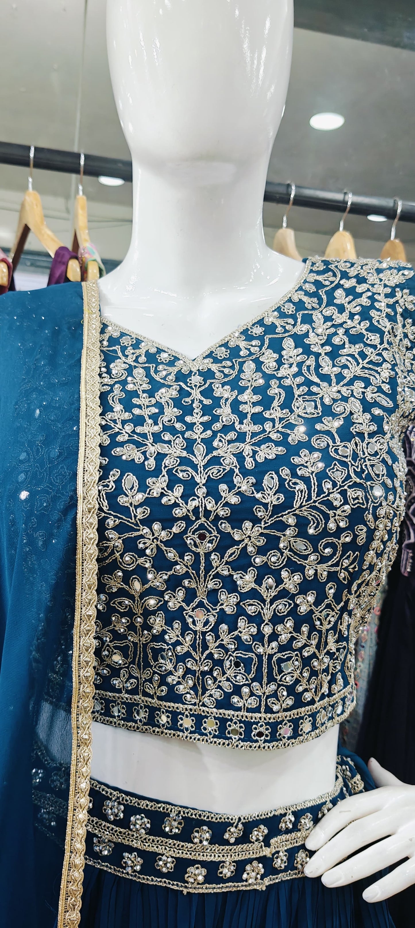 Georgette blue pleated lehenga set