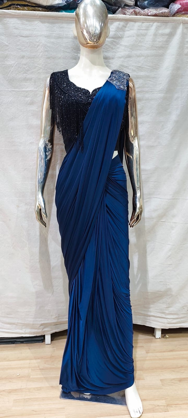 Designer Black blouse and blue one min saree