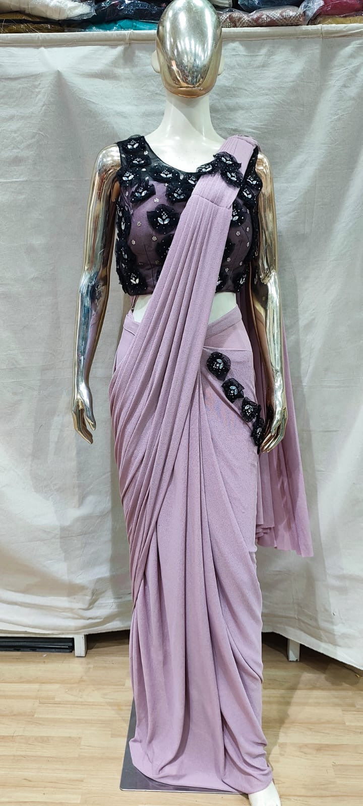 Pink with floral black blouse one min saree