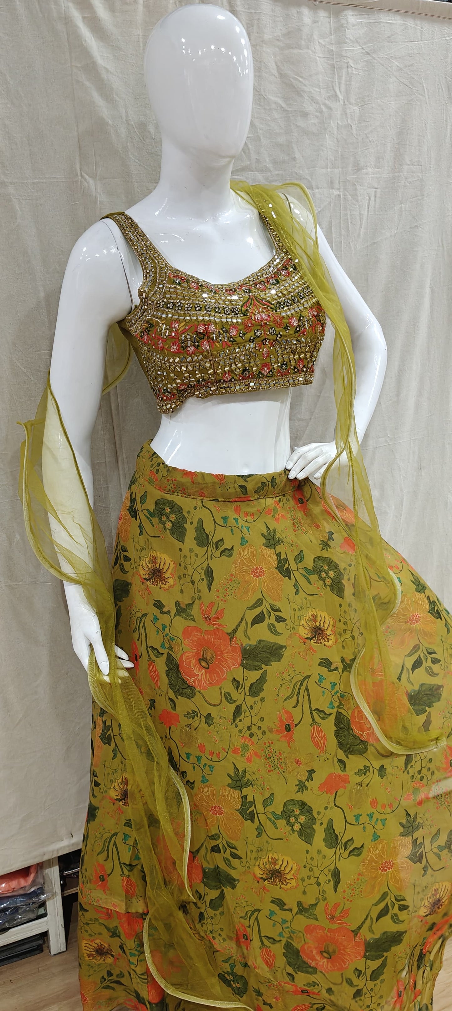 Mustard yellow floral lehenga set