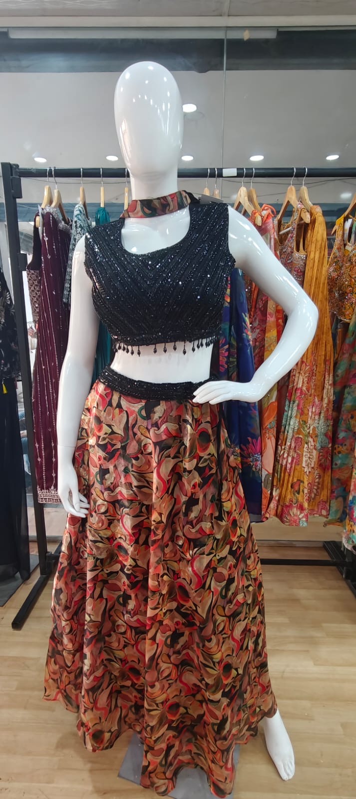 Printed lehenga with black blouse