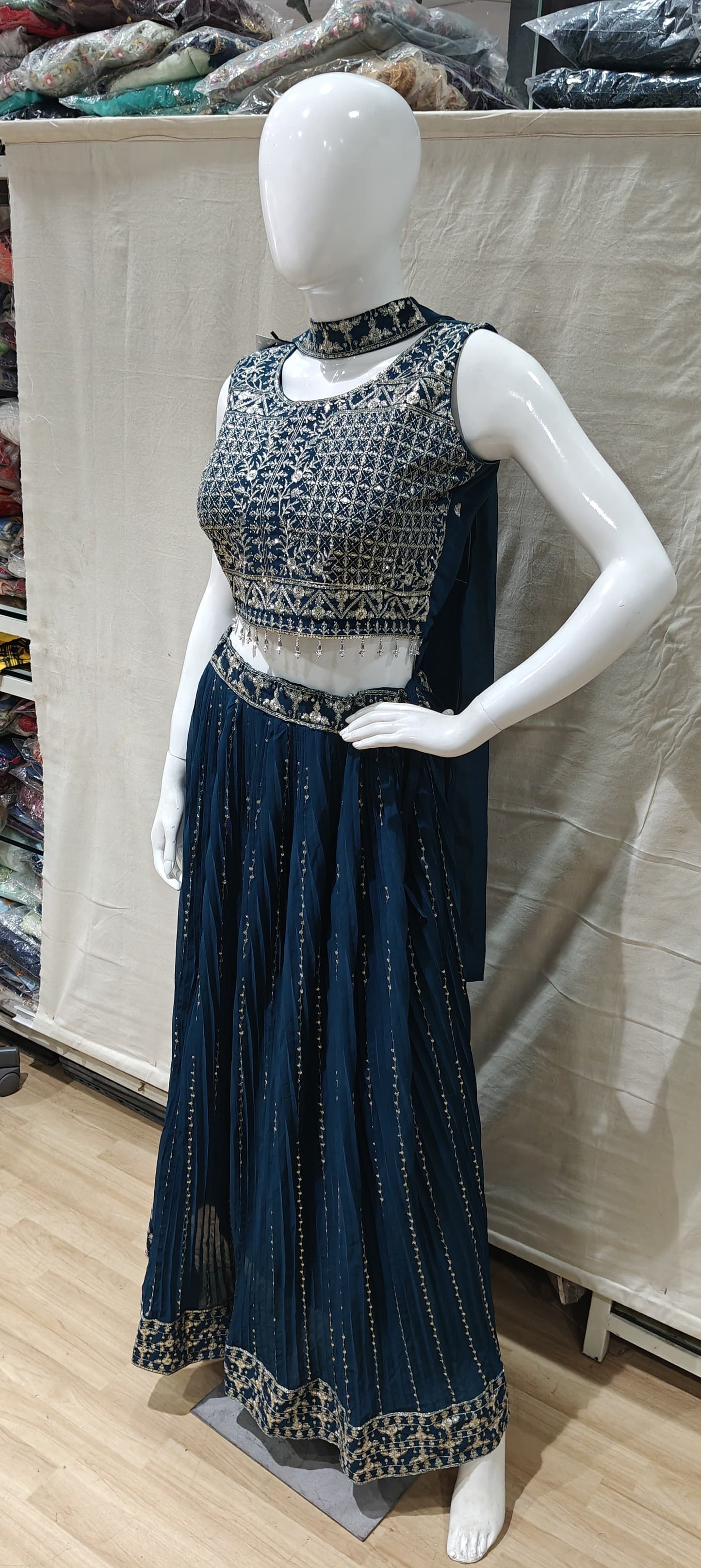 Silver zari work on Blue lehenga
