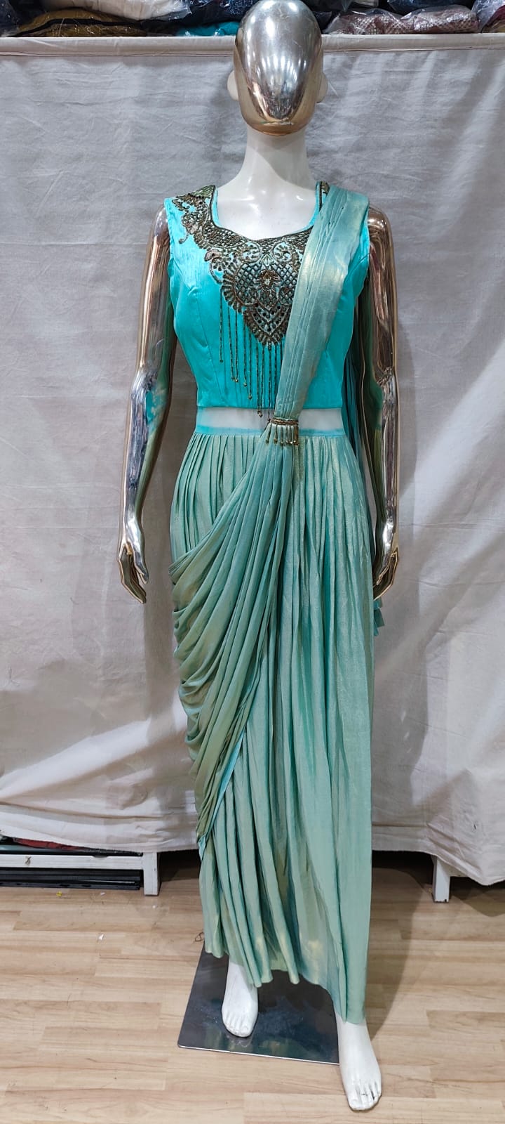 Designer Cyan blue saree gown