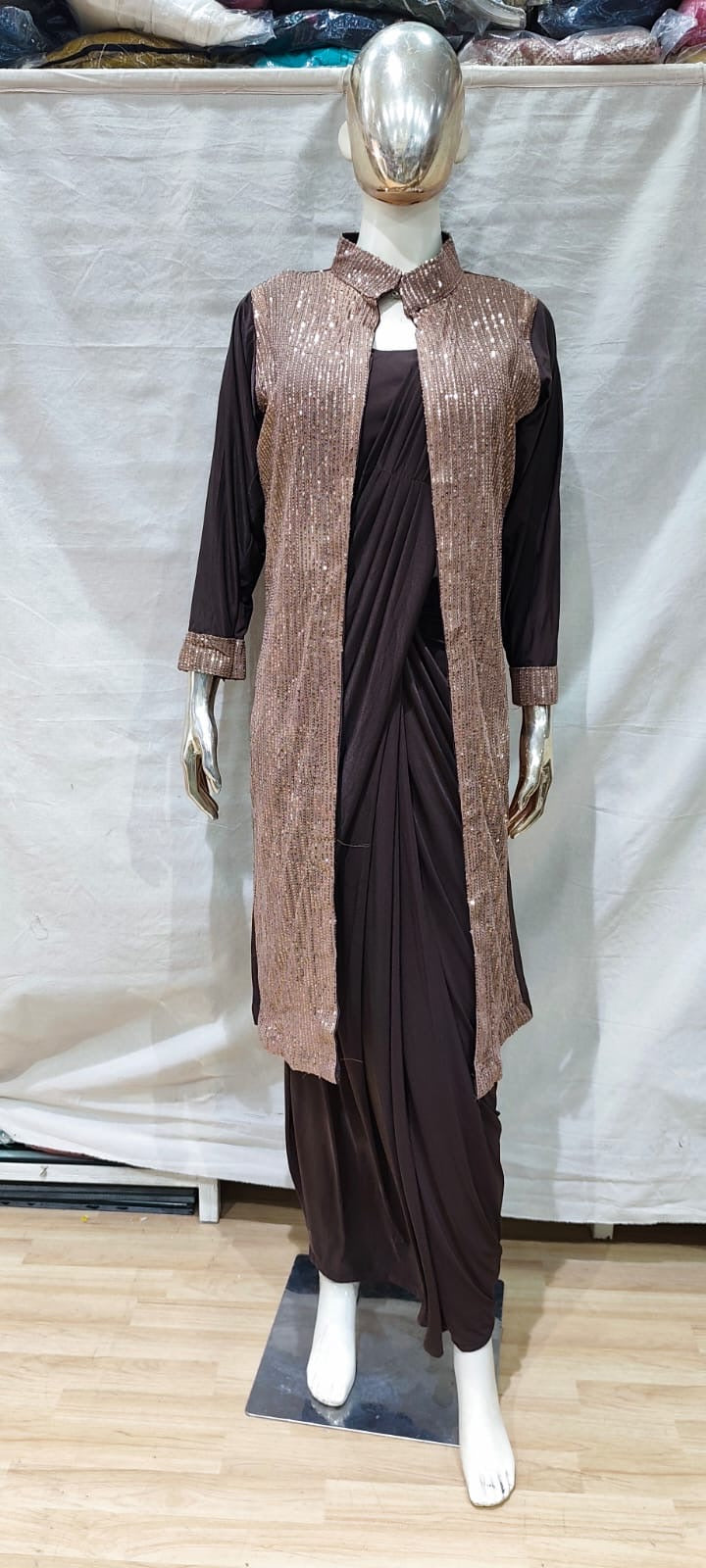 Brown with Rose gold sequins jacket one min saree