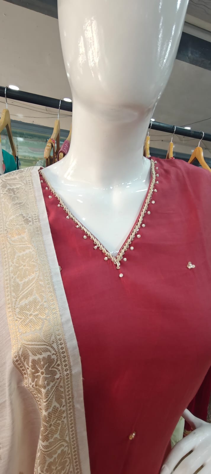 Royal Cotton mul red suit with banarasi dupatta