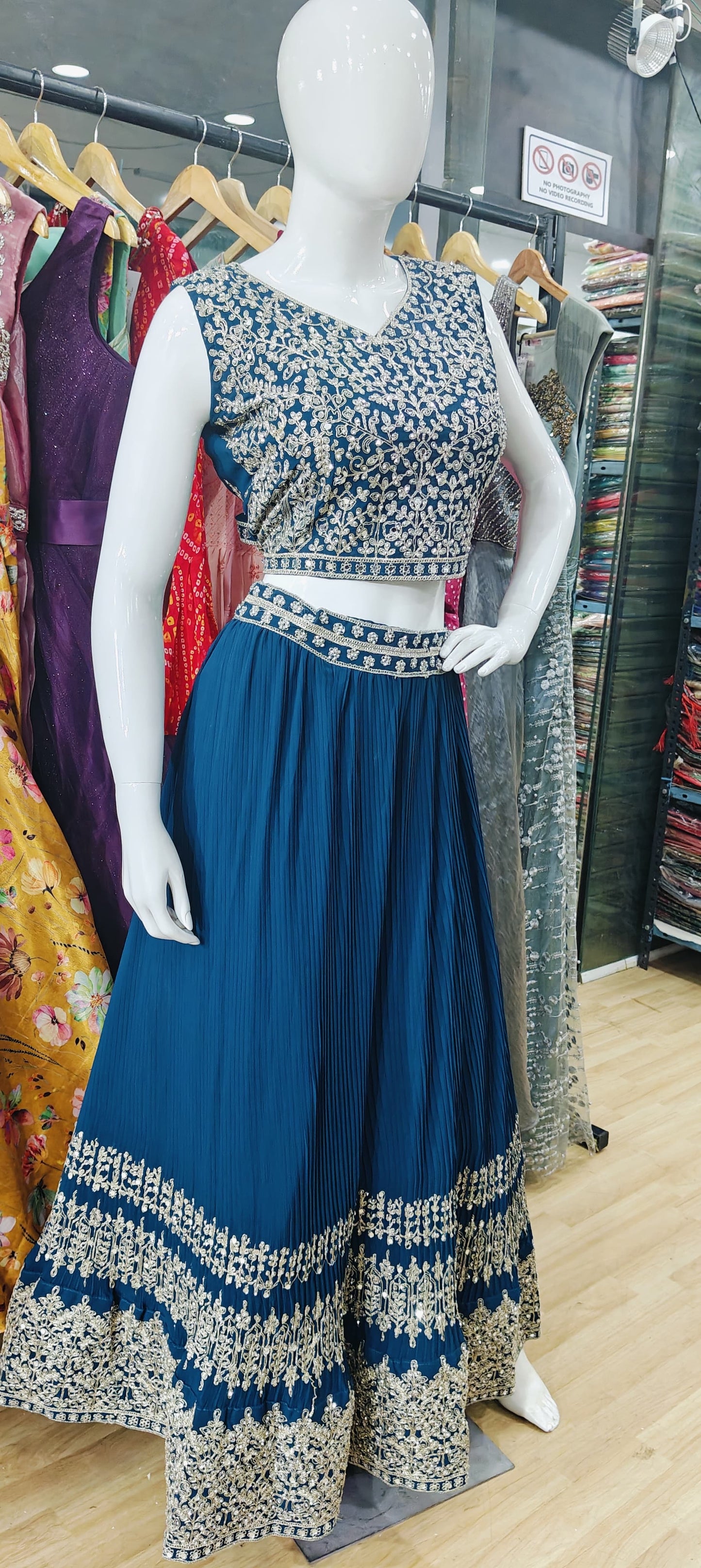 Georgette blue pleated lehenga set