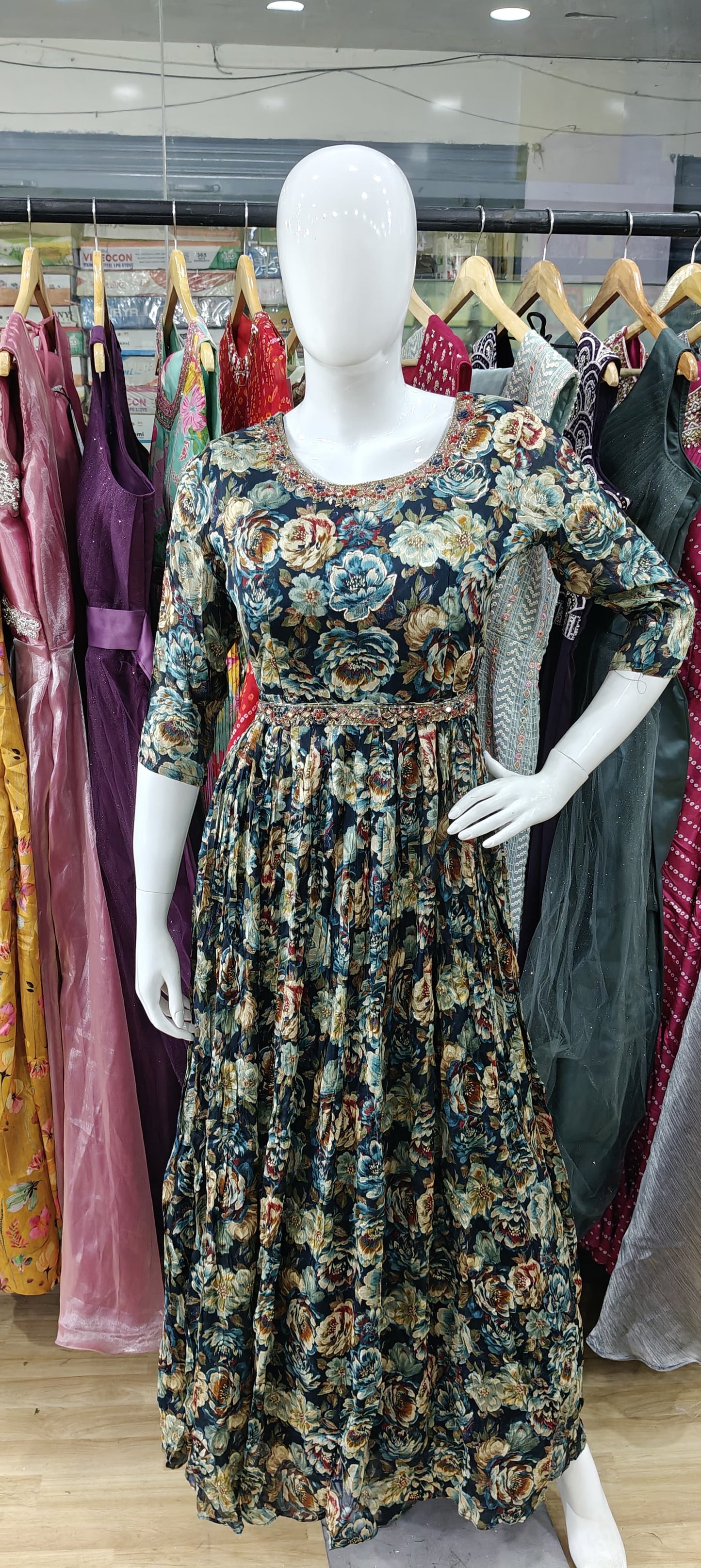 Blue floral long gown with embroidered belt