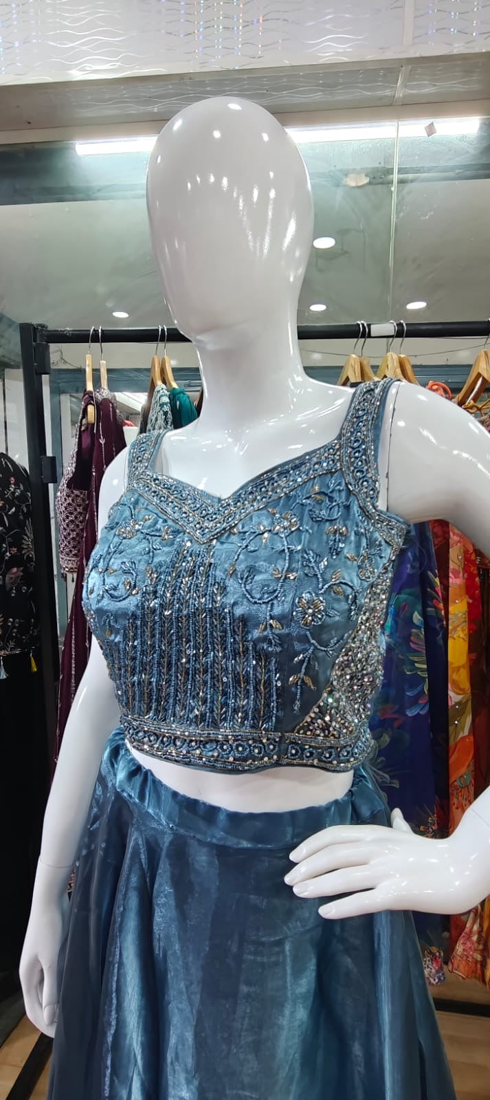 Glass organza blue lehenga