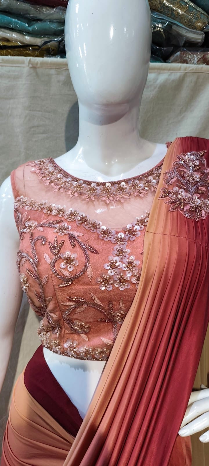 Peach & maroon dhoti style drape