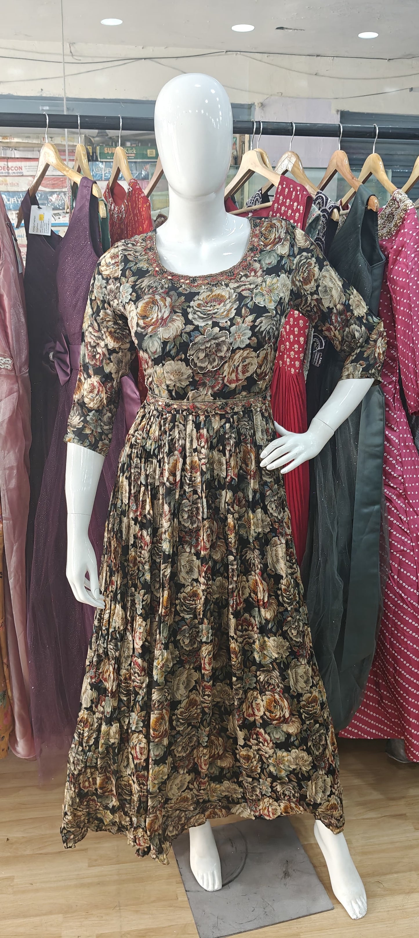 Black long gown with embroidered belt