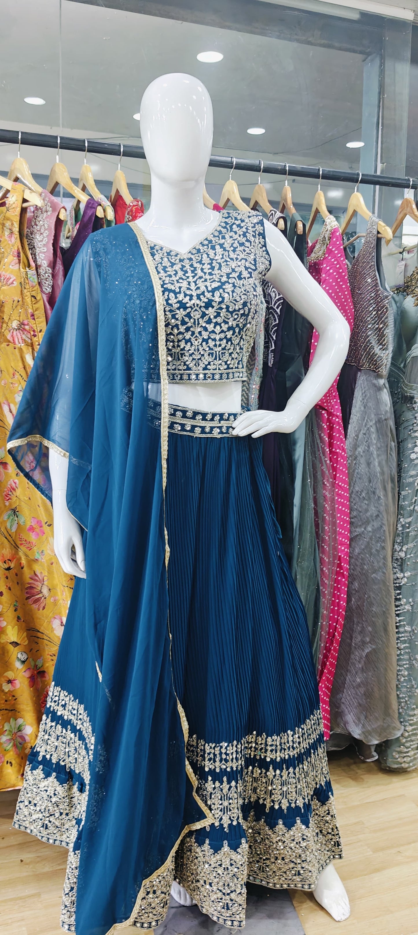 Georgette blue pleated lehenga set