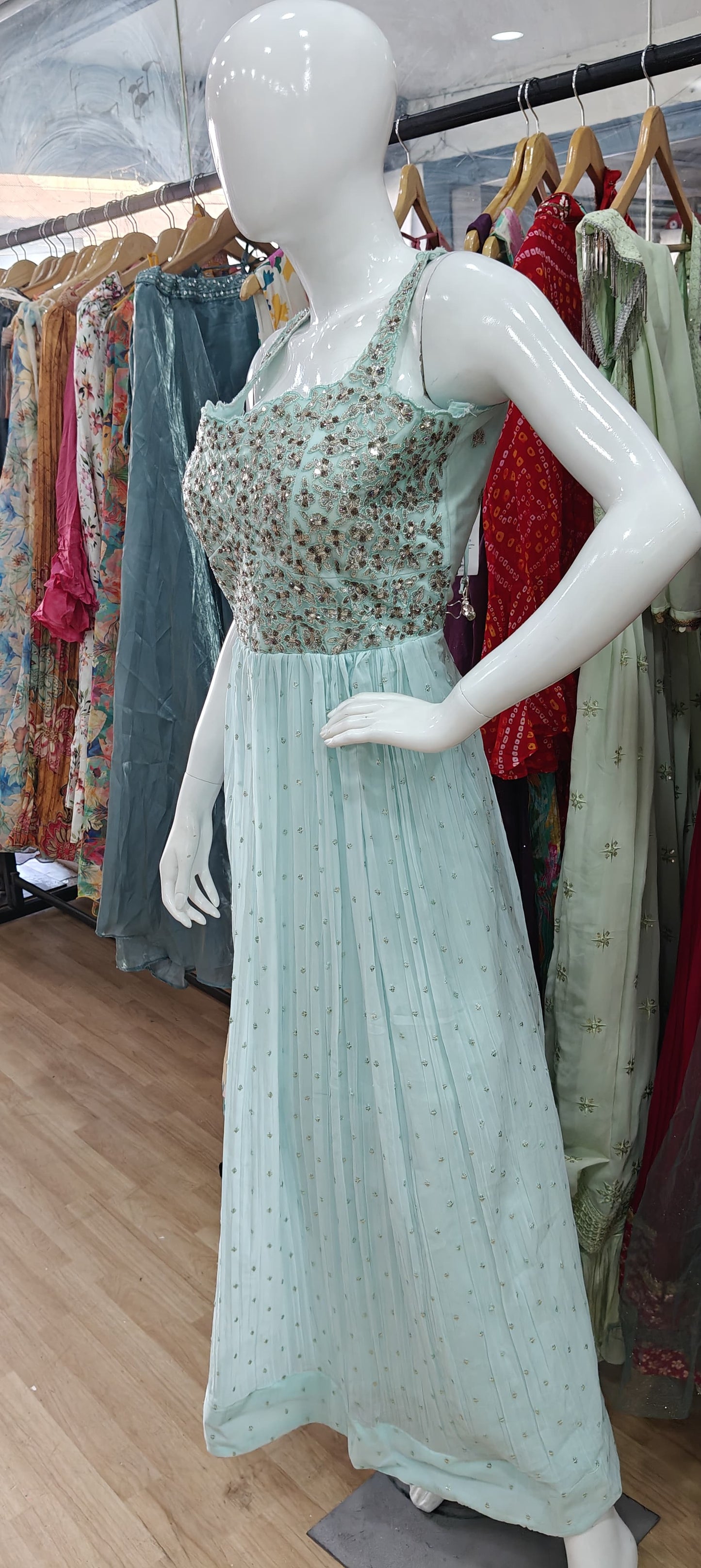 Blue georgette gown with embellished bodice