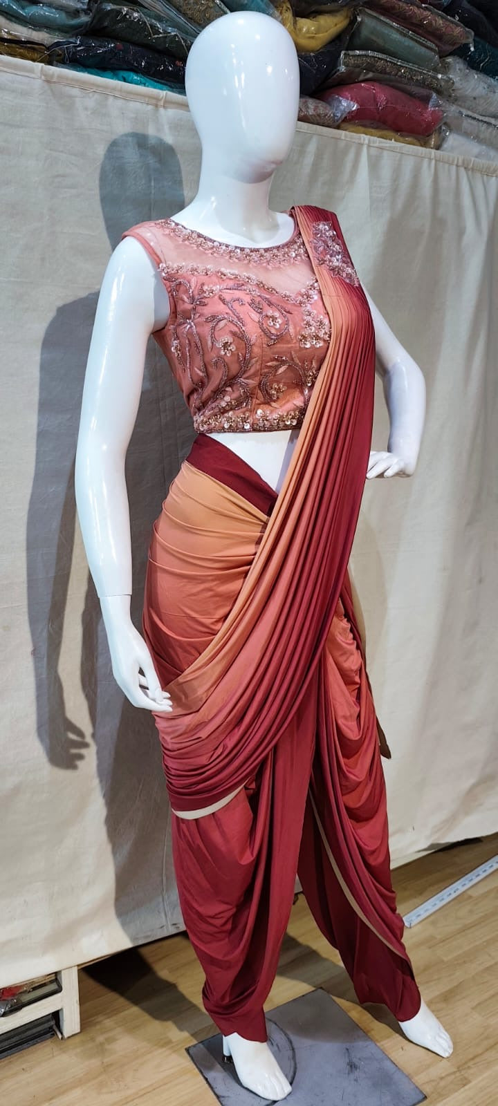 Peach & maroon dhoti style drape