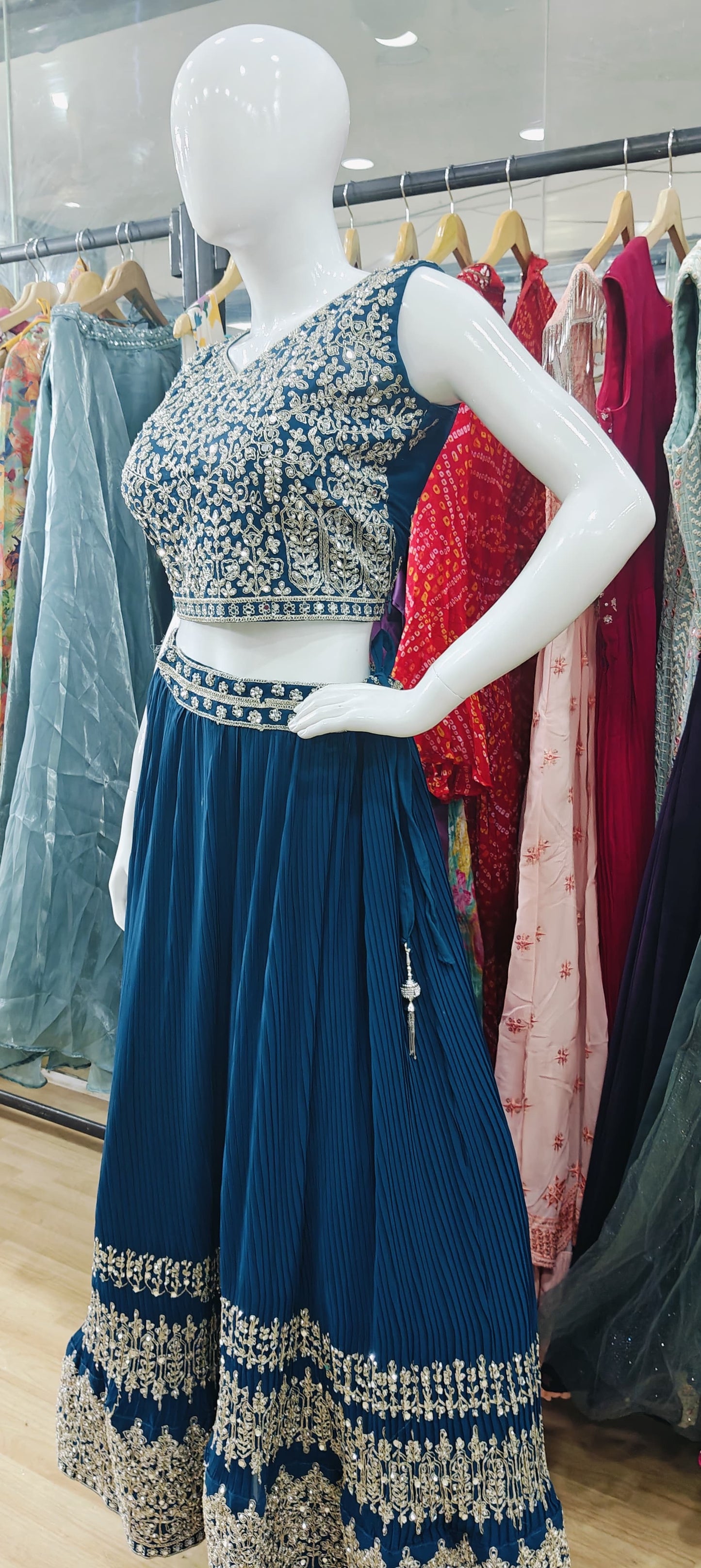 Georgette blue pleated lehenga set