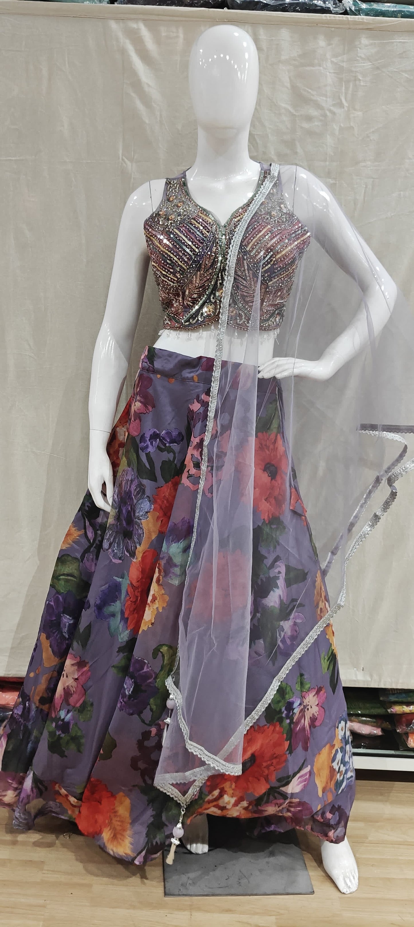 Purple floral lehenga with h