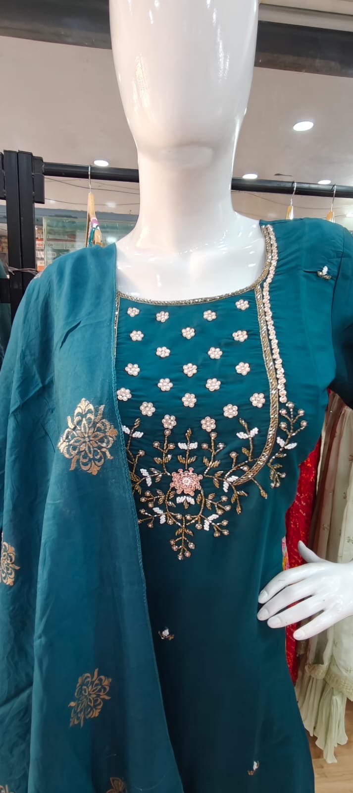 Blue green suit with Banarasi dupatta