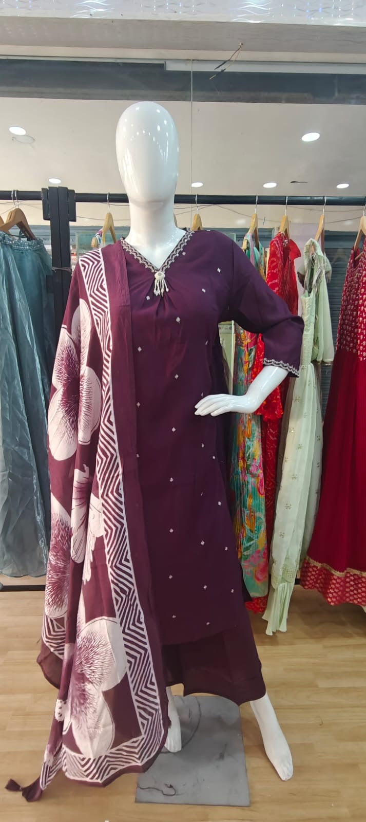 Plum Anarkali suit with stunning floral print dupatta
