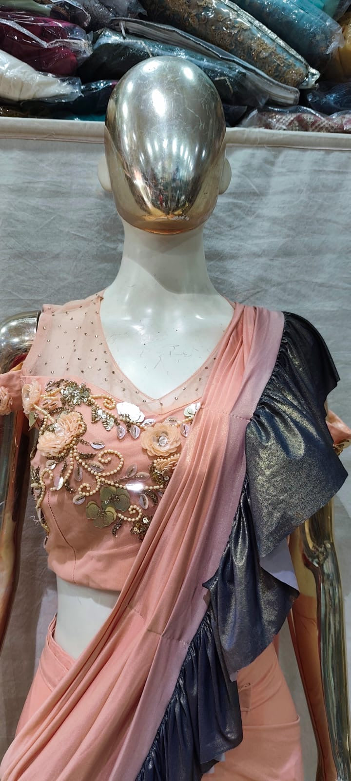 Peach and black designer cocktail one min saree