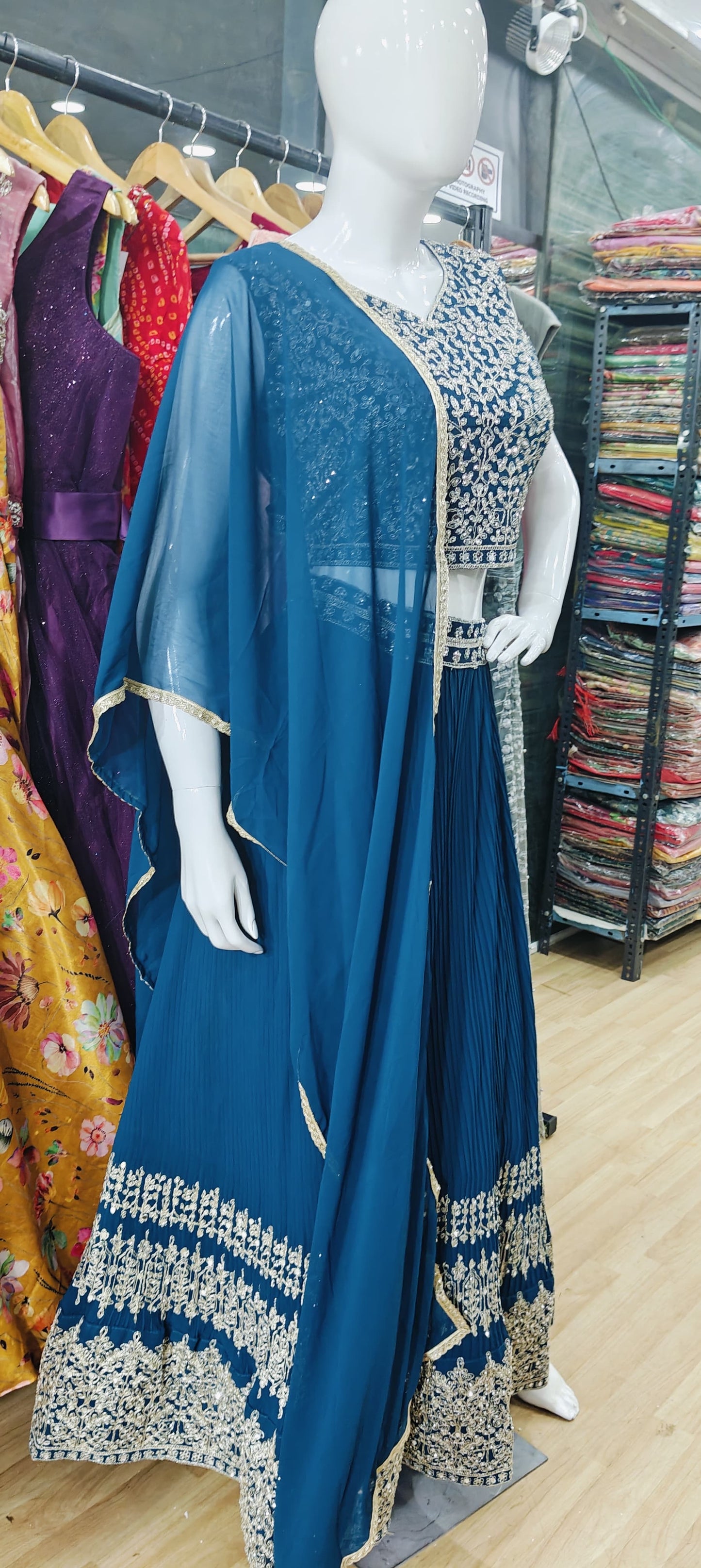 Georgette blue pleated lehenga set