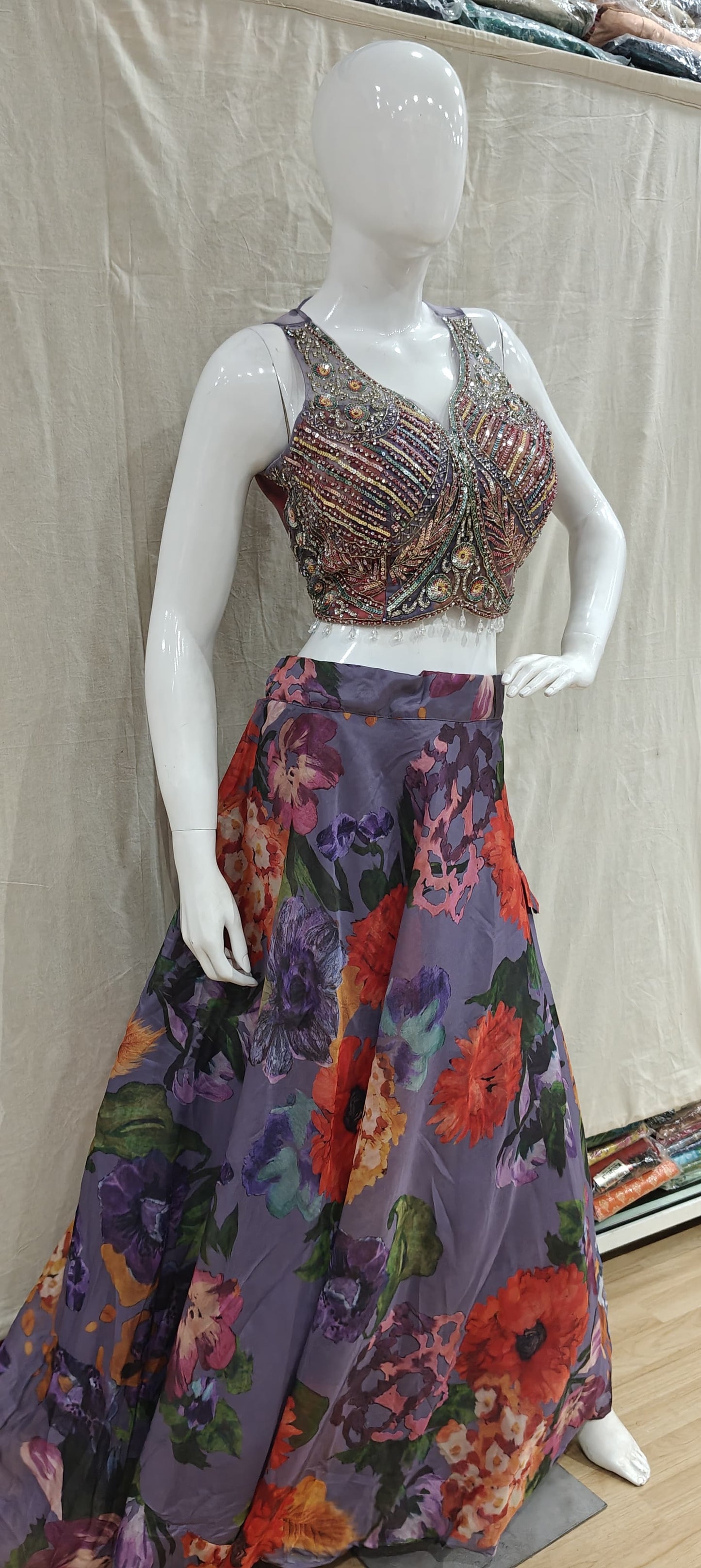 Purple floral lehenga with h