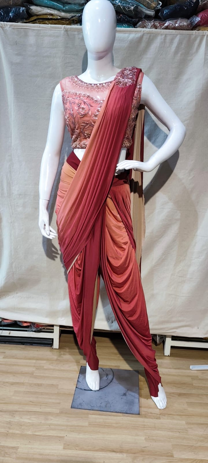 Peach & maroon dhoti style drape
