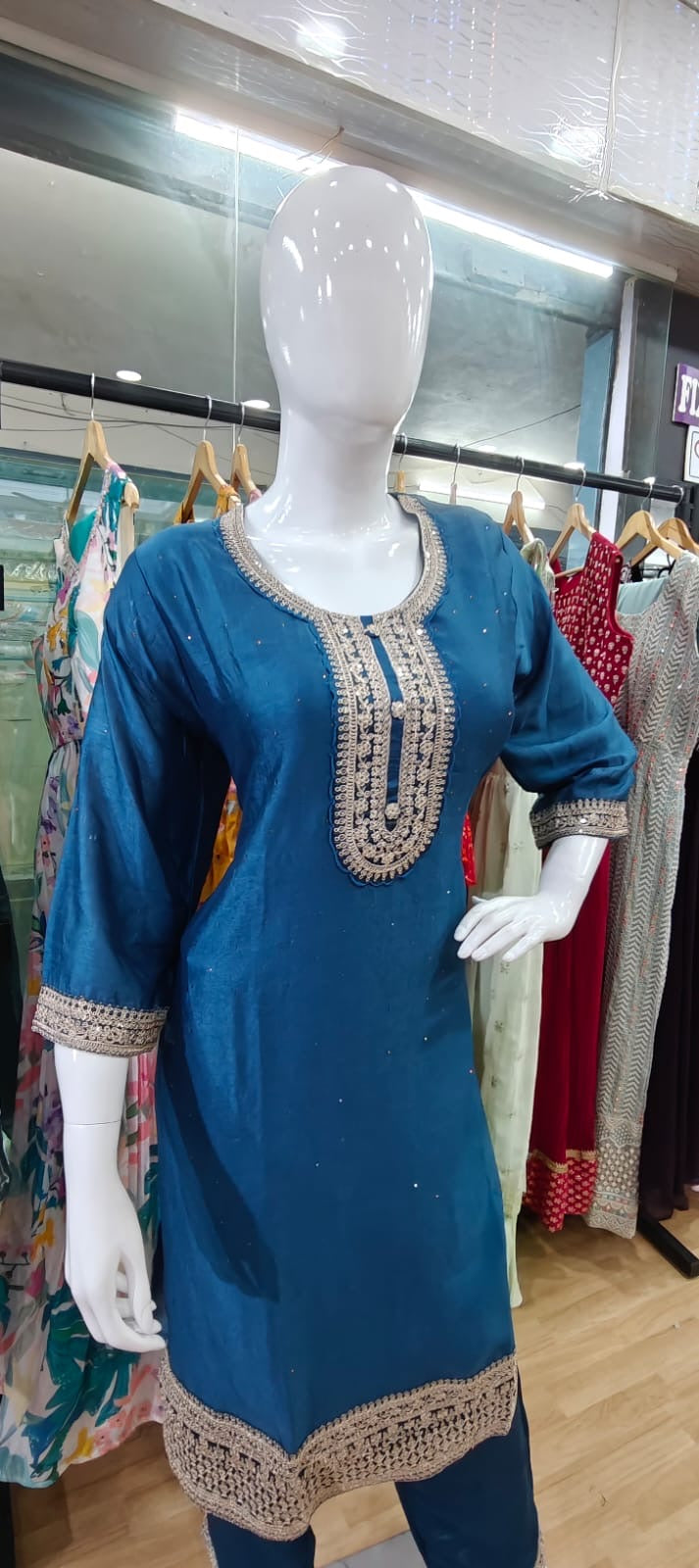 Peacock blue suit with embroidered dupatta