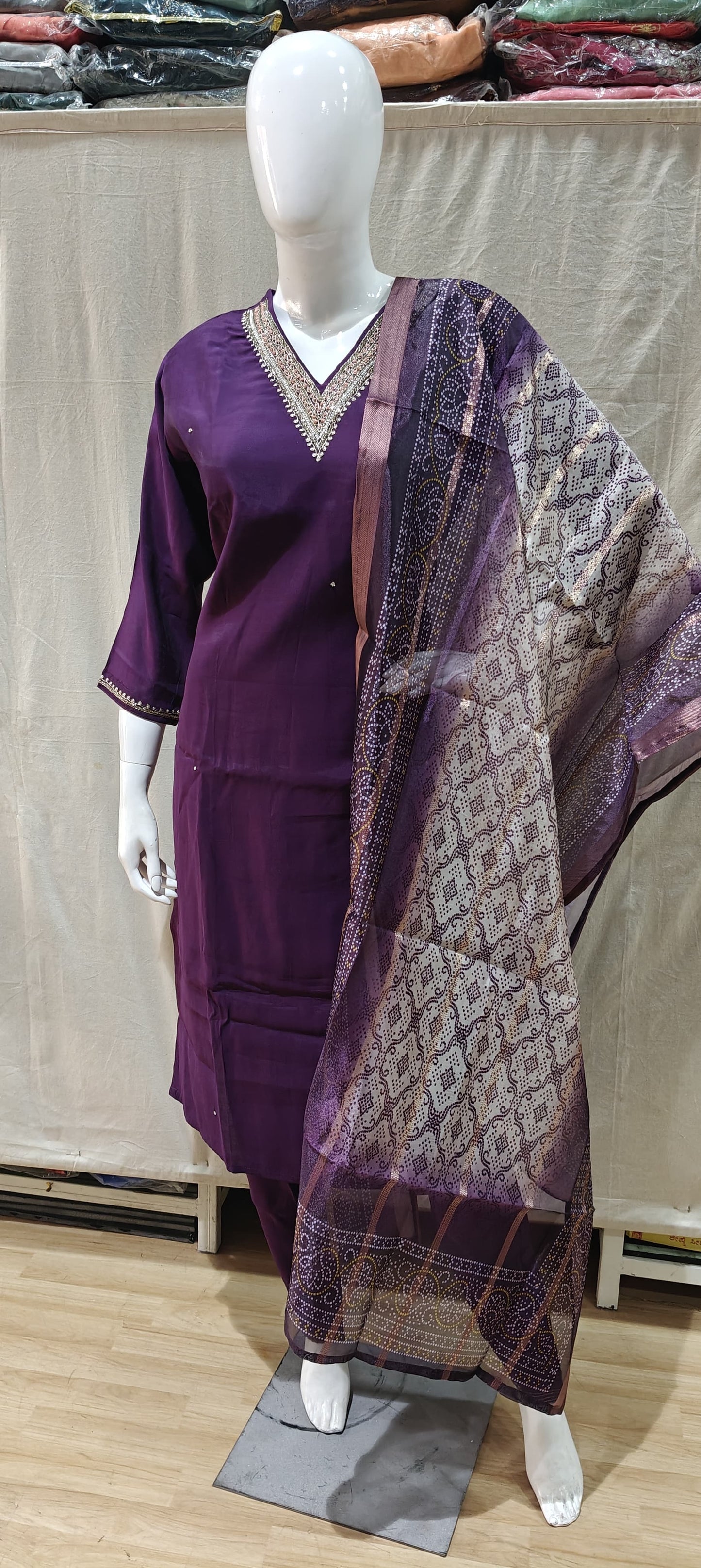 Purple plus size salwar with printed dupatta