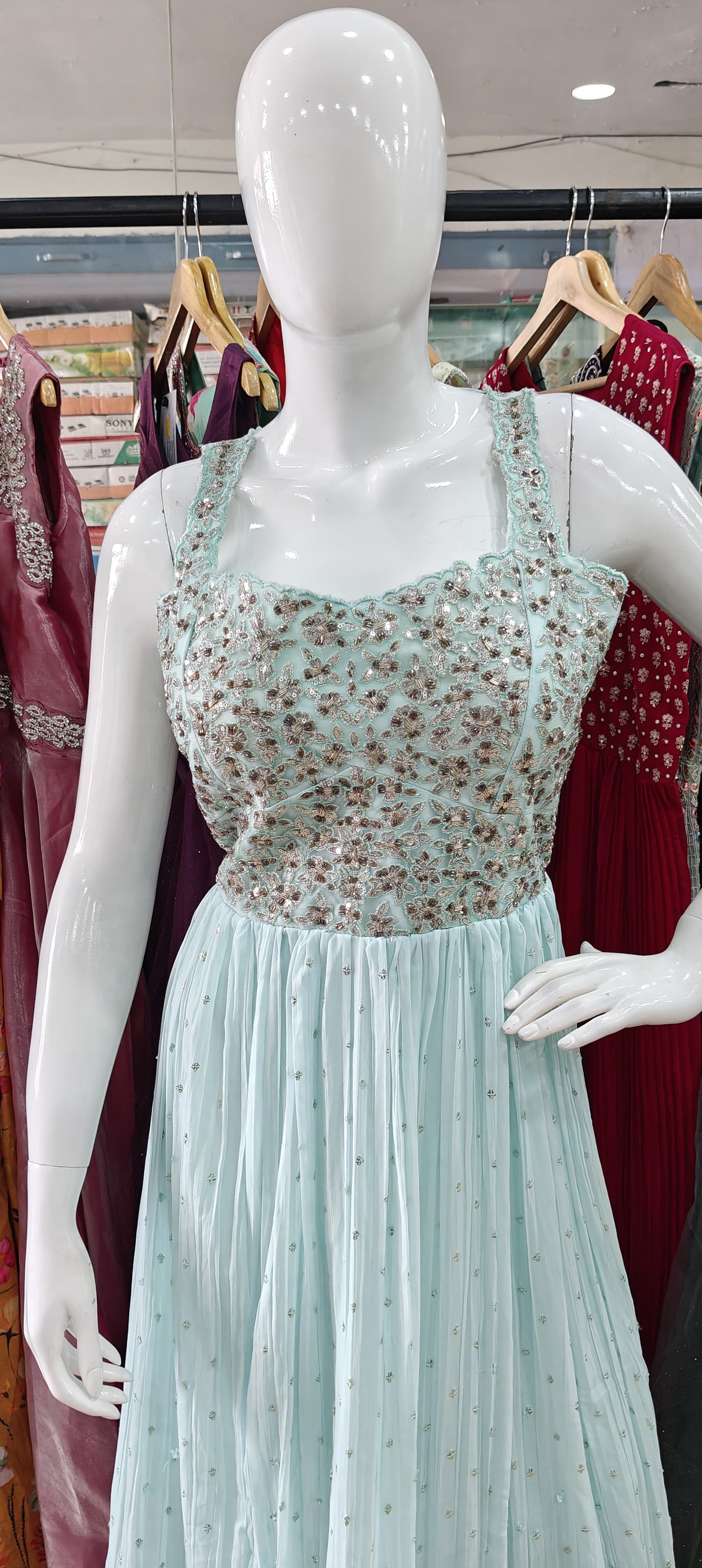 Blue georgette gown with embellished bodice