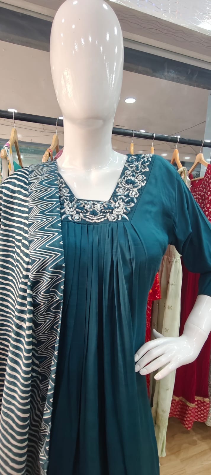 Teal blue mul cotton anarkali suit with satin dupatta