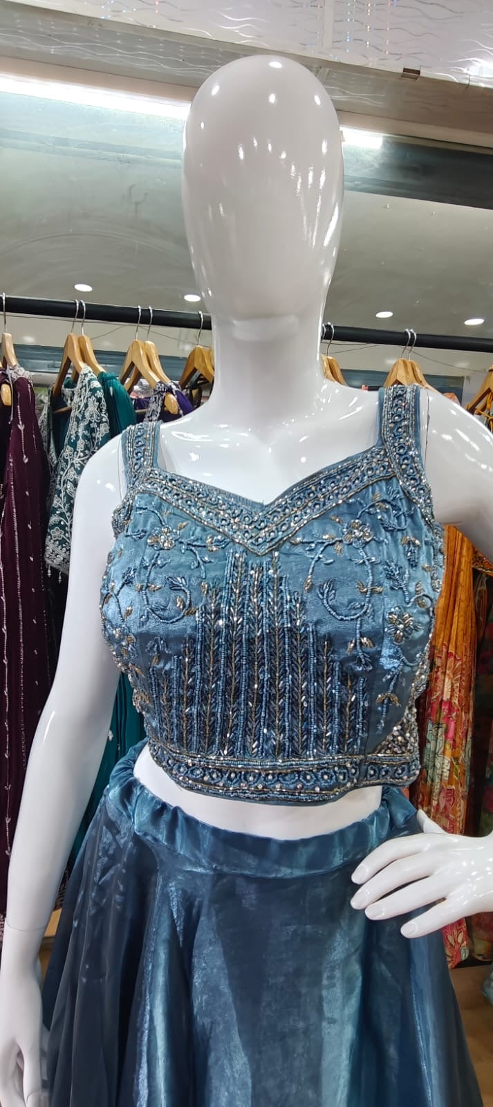 Glass organza blue lehenga