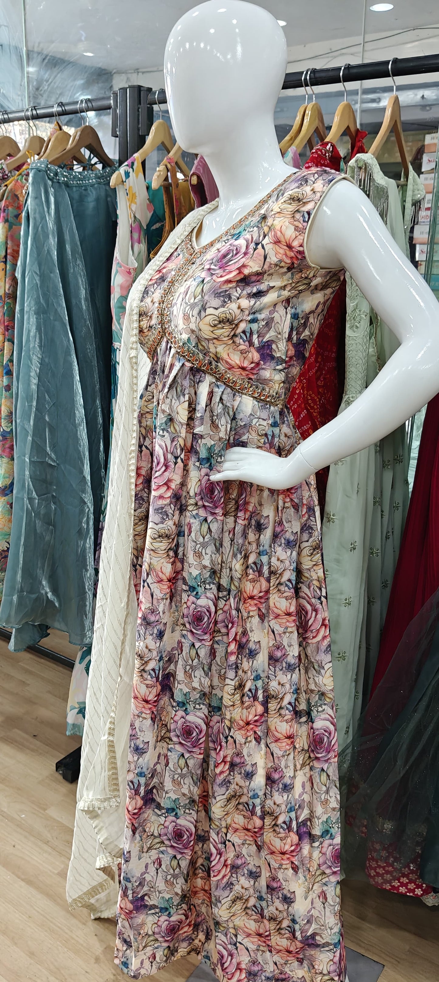 Cream floral alia cut long dress