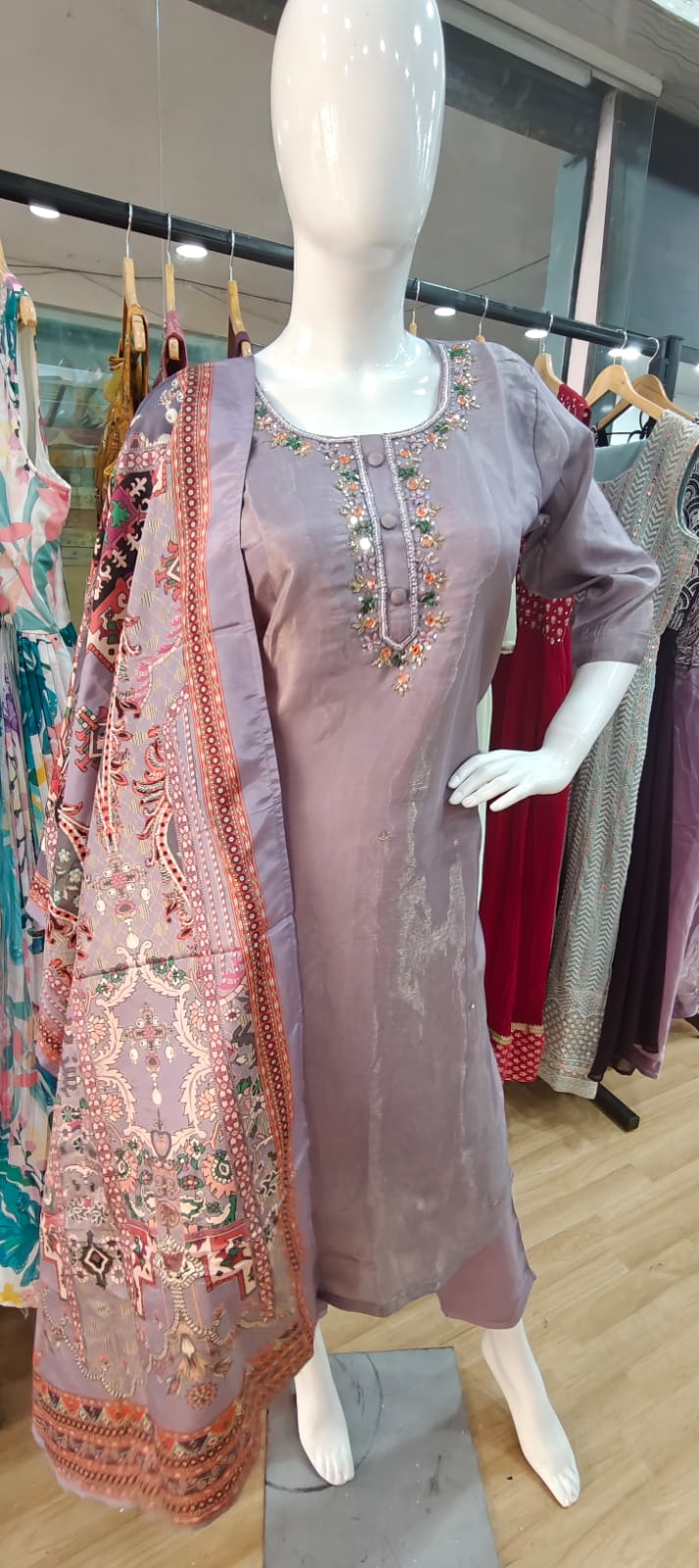 Blush pink tissue suit with printed dupatta
